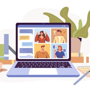 Video conference remote working flat illustration. Screen laptop with group of colleagues, people connecting together. Online communication with teleconference. Virtual meeting, work from home concept